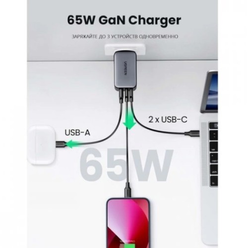 Сетевое зарядное устройство Ugreen CD 244 USB-A+2ХUSB-C, 65W GAN Tech Fast Charger